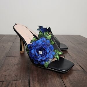Crystal Queen Embellished Blue Floral Slide Heels Sz 8.5 Elegant Romantic Party